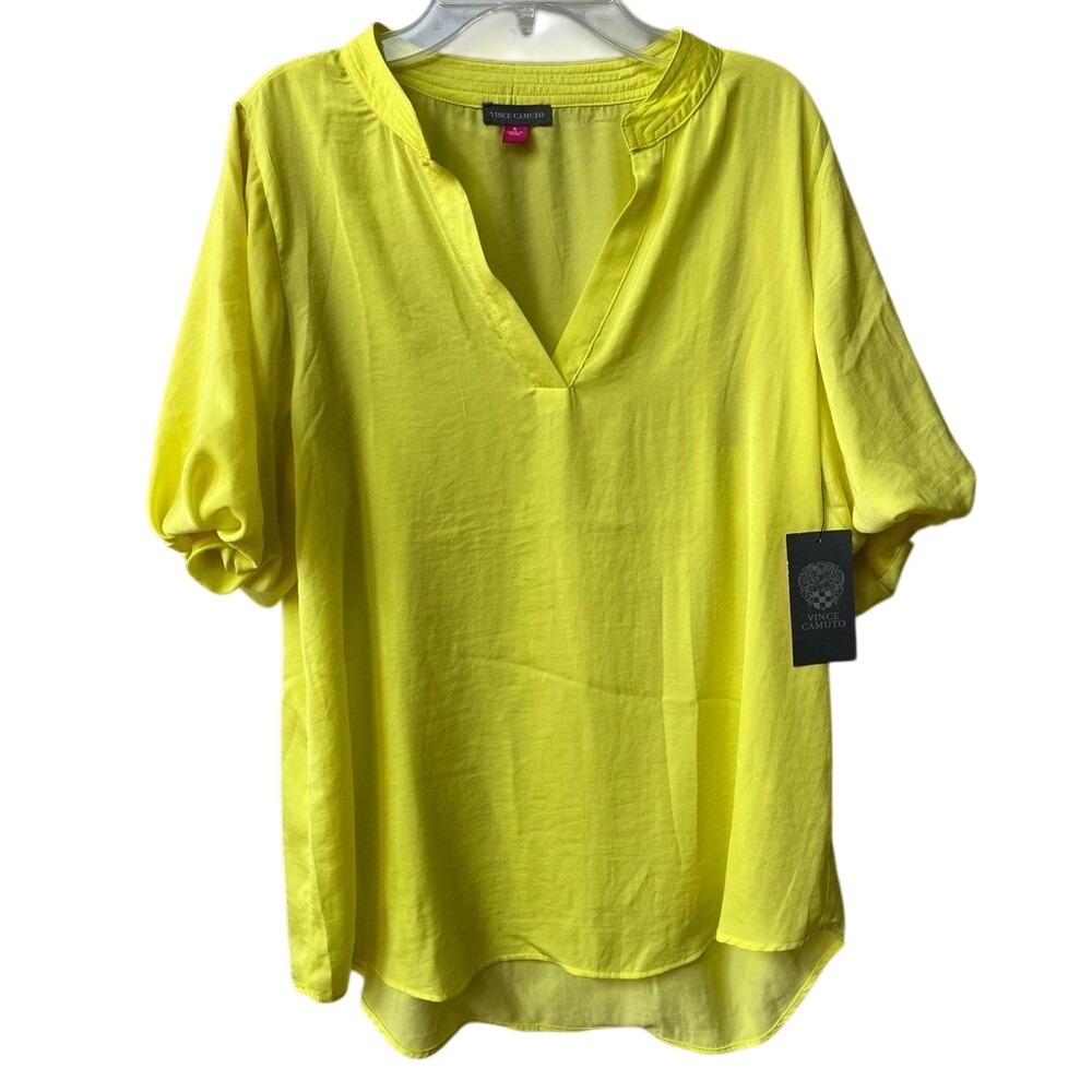 Vince Camuto Hammered Satin Puff Sleeve Blouse Womens Small Bright Lemon NWT